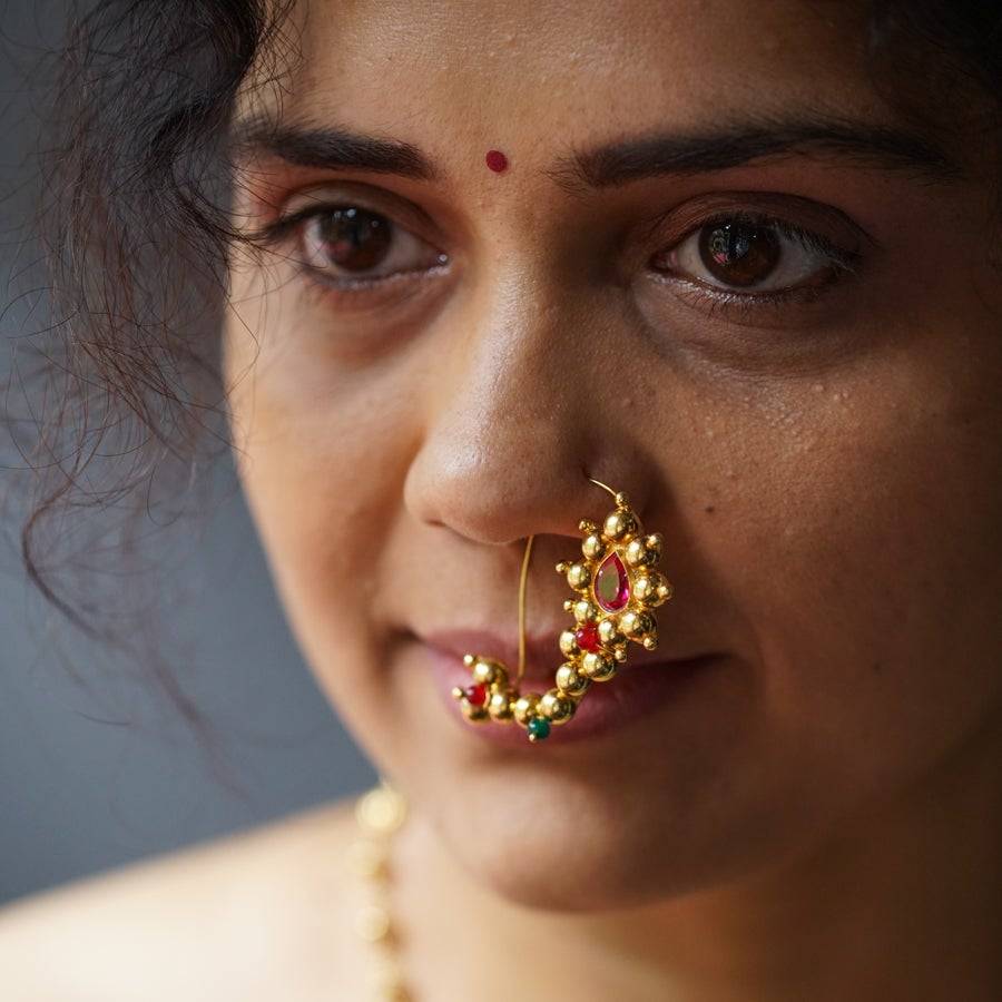 Aaruhi Creation Maharastrian Traditional Wear nose pin nose ring for  wedding stylish gold heavy pierced and